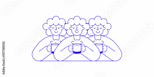 Three people sit closely together each holding a warm beverage