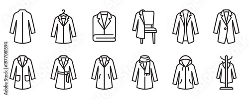Collection of various outline coat icons depicting different styles and ways of wearing or storing outerwear