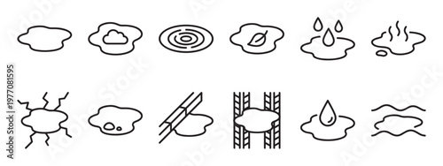 Simple black outline icons illustrating various water puddles and liquid states in a clean, graphic style