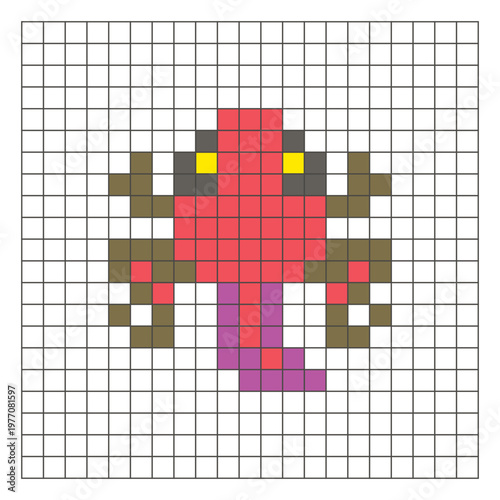 A flat pixel design made of geometric square color blocks on a clean grid layout. Pixel art tailed frog