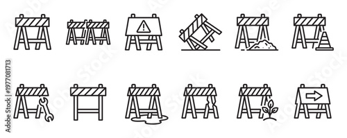 Set of black outline construction barrier icons depicting various roadwork situations and warnings in a clean, modern style