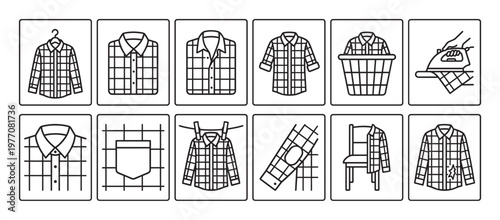 Plaid shirt laundry process vector icons illustrate various stages of clothing care, from hanging to ironing, in a clean line art style