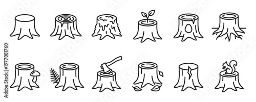 Collection of various tree stump outline icons, illustrating different stages and elements of forest life in a clean, graphic style