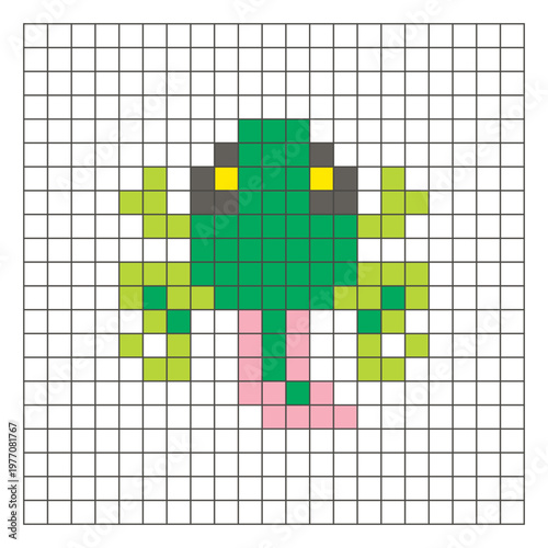 A flat pixel design made of geometric square color blocks on a clean grid layout. Pixel art tailed frog
