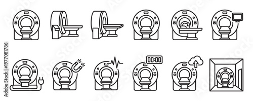 Collection of MRI scanner line icons illustrating various aspects of medical imaging technology and diagnostic procedures