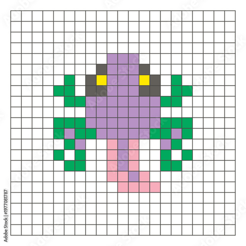 A flat pixel design made of geometric square color blocks on a clean grid layout. Pixel art tailed frog