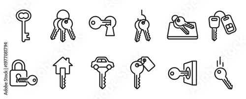 Various black outline key and lock icons arranged in two rows on a clean white surface, presented in a simple graphic style