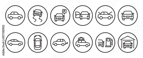 Collection of black outline car icons depicting various automotive situations and views, presented in a clean, modern style