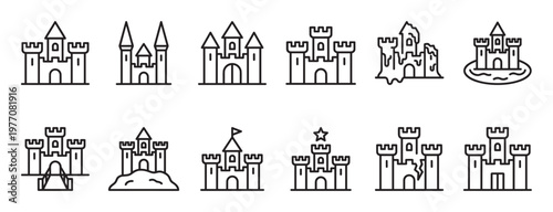 Collection of various simple black outline castle icons, depicting different architectural styles and settings, presented clearly