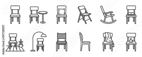 Collection of various chairs and furniture items depicted in a clean, minimalist outline icon style, showcasing different designs and uses