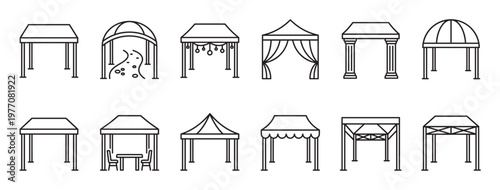 Collection of various outdoor canopy and tent line icons, showcasing different styles for events and markets