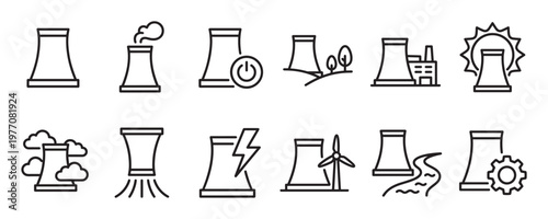 Collection of twelve black outline icons representing various power plants and energy sources on a clean white surface