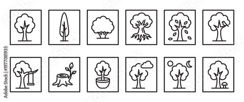 Collection of twelve distinct tree outline icons, each enclosed in a square frame, depicting various tree forms and related elements