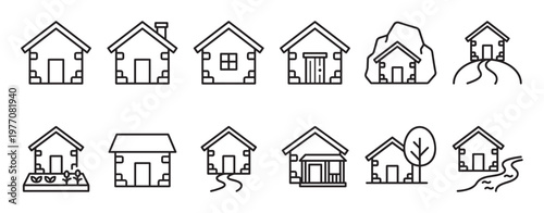 Collection of simple line art house icons depicting various home styles and natural surroundings