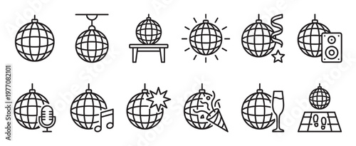 Collection of twelve black outline disco ball icons depicting various party and celebration elements in a clean, graphic style