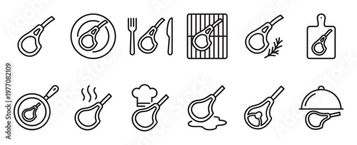 Collection of twelve black outline icons depicting various stages and presentations of a lamb chop, illustrating cooking and serving
