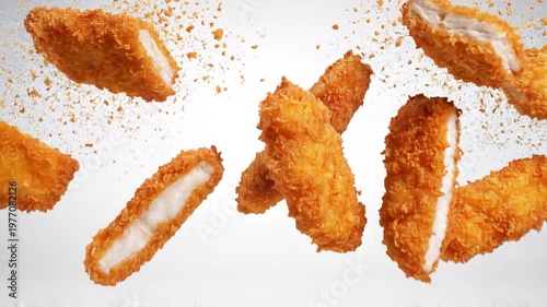 Delicious golden brown crispy chicken tenders falling and floating in mid-air, creating an appetizing and dynamic food presentation