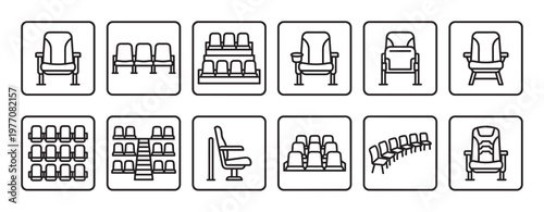 Collection of twelve distinct black outline icons representing various seating arrangements for public venues and entertainment