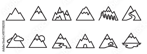 Collection of simple mountain line icons, featuring various natural elements like trees, rivers, clouds, and a small house, presented in a clean, minimalist style