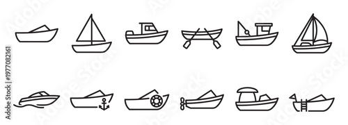 Collection of various boat outline icons, including sailboats, motorboats, and rowboats, presented in a clean, minimalist style