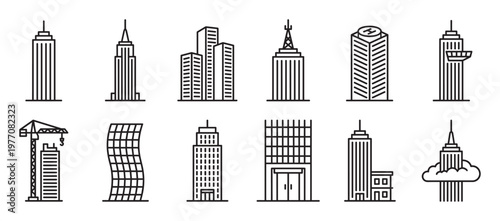 Diverse black outline skyscraper icons set on a clean white surface, showcasing various modern architectural designs