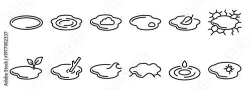 Collection of simple puddle line icons depicting various states and objects, presented in a clean, minimalist style