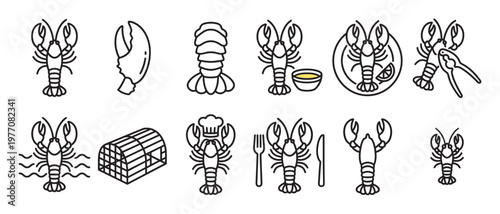 Collection of black outline lobster icons illustrating various aspects of seafood, cooking, and dining in a simple, graphic style