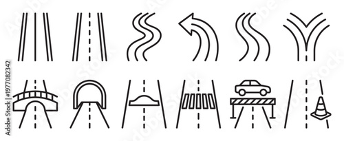 Collection of various road and highway outline icons, including straight, curved, merging, bridge, tunnel, speed bump, crosswalk, construction, and traffic cone symbols