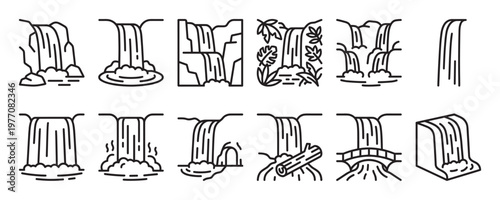 Collection of twelve distinct waterfall line icons, each depicting flowing water over rocks and cliffs in a simple, graphic style