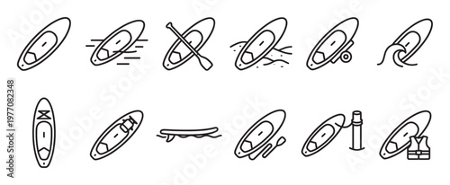 Collection of various simple black line art icons depicting kayaks and paddleboards in different scenarios