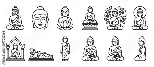 Various Buddha black outline icons depict different poses and symbols of spiritual enlightenment and meditation, rendered in a clean, minimalist style