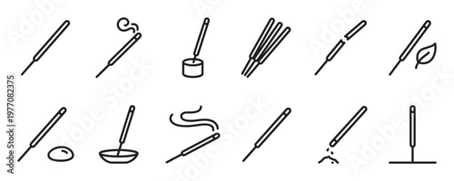 Collection of simple line art incense stick icons, depicting various forms and uses with smoke and holders