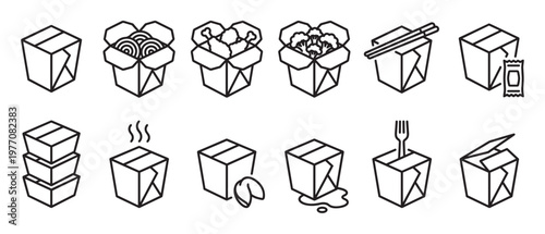 Collection of black outline icons depicting various Chinese takeout boxes and related items in a clean, modern style