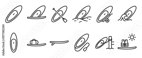 Collection of black outline paddleboard icons illustrating various activities and equipment related to stand-up paddleboarding
