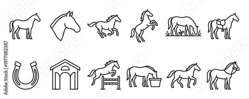 Collection of various horse-themed line art icons, featuring different poses, actions, and related objects in a clean, illustrative style