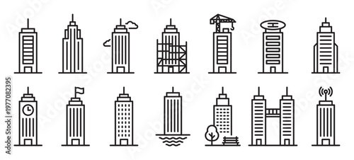 Collection of various outline skyscraper icons, featuring different architectural styles and urban elements, presented in a clean, minimalist vector illustration