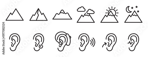 Various black outline icons depicting mountains with different weather conditions and human ears with hearing aids or sound waves