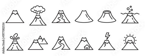Collection of various volcano line icons, depicting different states and features of mountains and eruptions in a simple, clean style