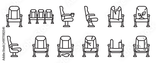 Various black outline cinema chairs and stadium seats in different conditions, including new, broken, and dirty, presented as a collection of icons