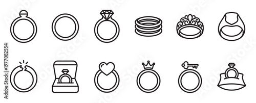 Collection of various outline ring icons, including engagement, wedding, and decorative rings, presented in a clean, minimalist style