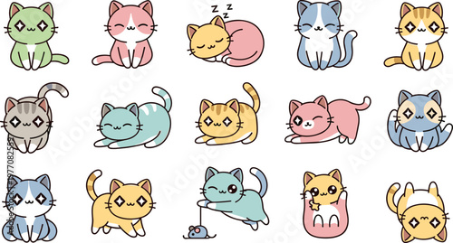 Kawaii Cat Icon Set with Sleeping, Playing, and Stretching Cats in Various Colors for Pet, Animal, and Cute Designs