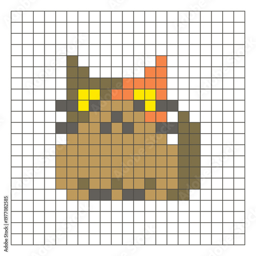 A flat pixel design made of geometric square color blocks on a clean grid layout. Pixel art cat