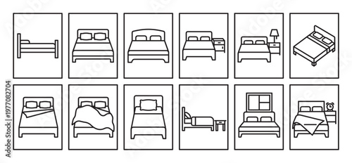Collection of twelve diverse bed outline icons, showcasing various bed types and bedroom elements in a clean, minimalist style