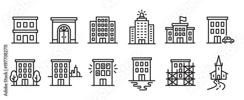Collection of diverse building line icons, including residential, commercial, and public structures, presented in a clean, modern style