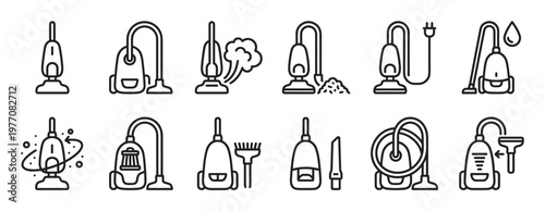 Collection of various vacuum cleaner icons in a clean, minimalist line art style, depicting different types and functions