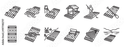 Collection of simple bamboo raft line art icons depicting various activities and states in a minimalist style