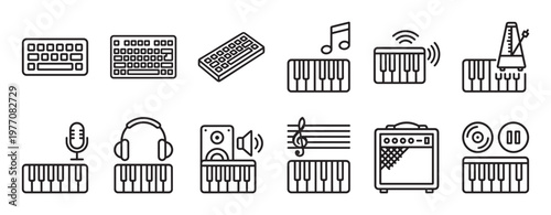 Collection of simple outline icons depicting various musical instruments and audio equipment in a clean, modern style