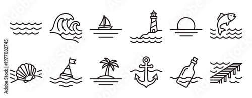 Collection of simple black outline nautical icons, including waves, sailboat, lighthouse, sunset, fish, seashell, buoy, palm tree, anchor, message in a bottle, and a pier