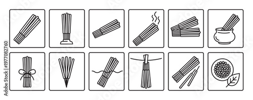 Collection of black and white line art icons depicting various stages and uses of incense sticks, presented in a clean, minimalist style