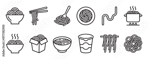 Various black outline noodle and pasta icons are displayed in a clean, minimalist style with a top-down perspective